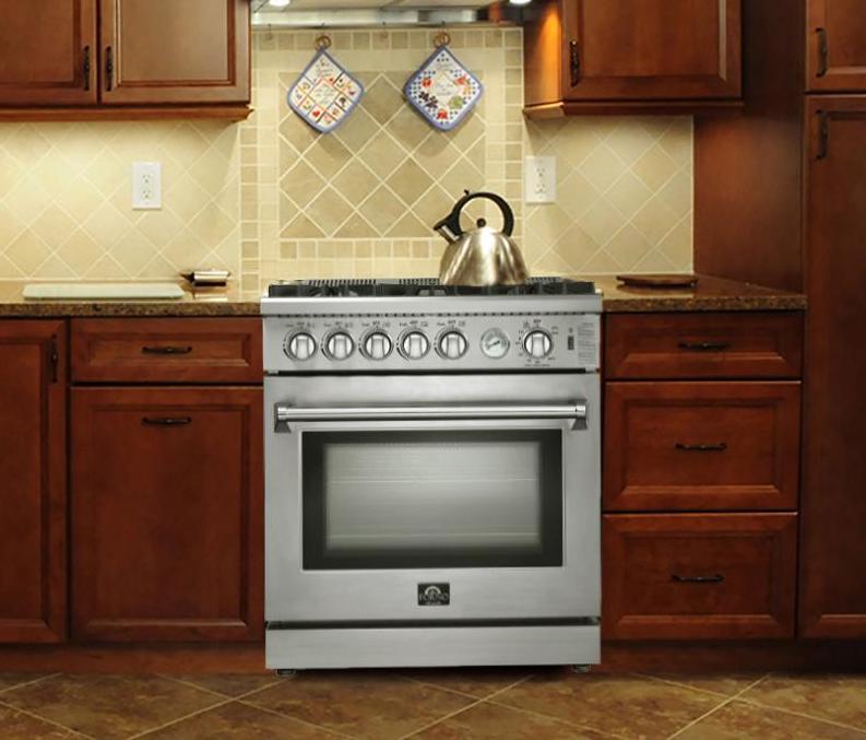 Forno 4-Piece Appliance Package - 30-Inch Gas Range, 56-Inch Pro-Style Refrigerator, Wall Mount Hood with Backsplash, & 3-Rack Dishwasher in Stainless Steel FORNO