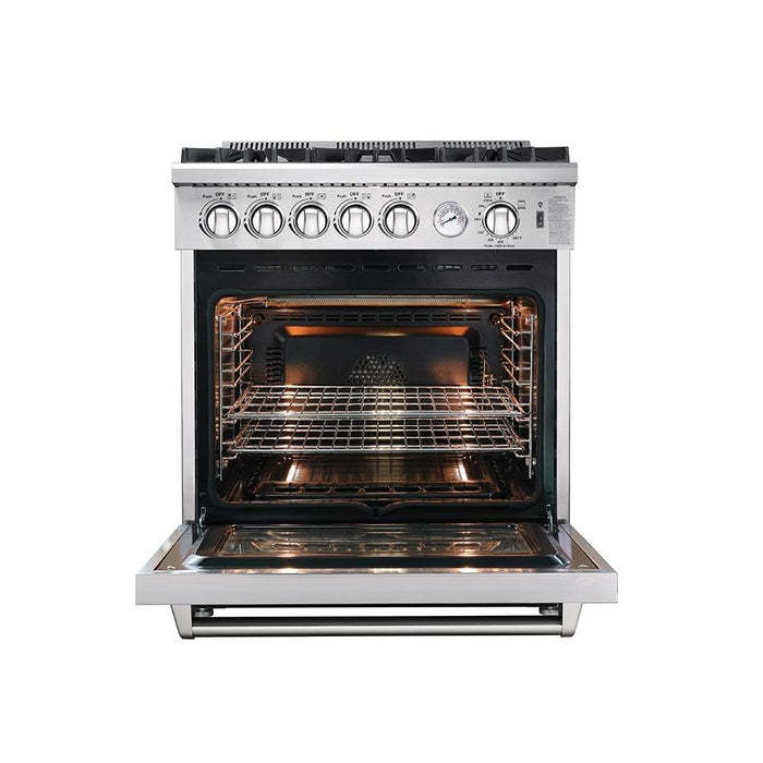 Forno 4-Piece Appliance Package - 30-Inch Gas Range, 56-Inch Pro-Style Refrigerator, Wall Mount Hood with Backsplash, & 3-Rack Dishwasher in Stainless Steel FORNO