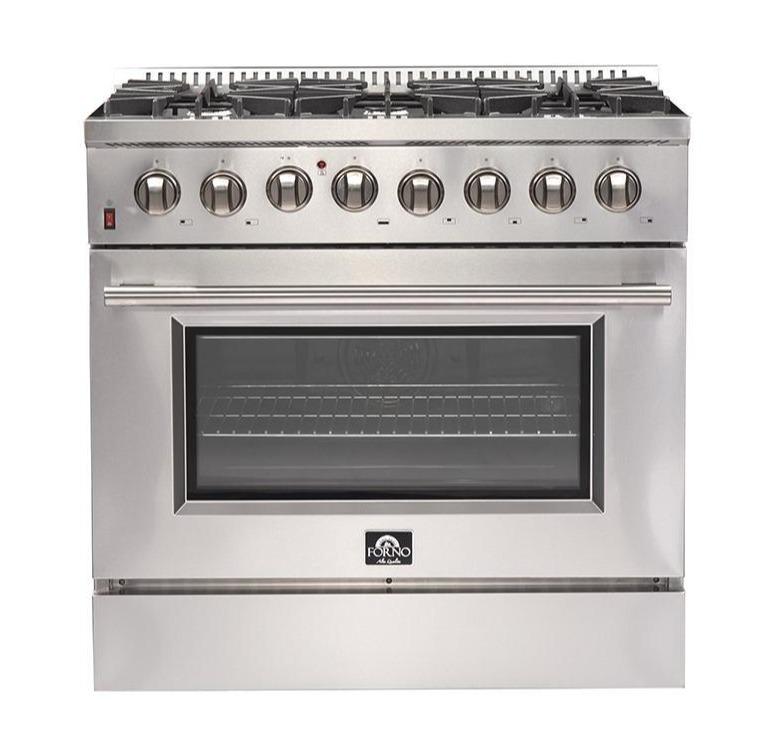Forno 4-Piece Appliance Package - 36-Inch Dual Fuel Range, Refrigerator, Microwave Oven, & 3-Rack Dishwasher in Stainless Steel