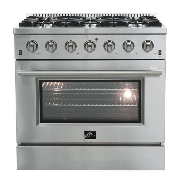 Forno 4-Piece Appliance Package - 36-Inch Gas Range, 56-Inch Pro-Style Refrigerator, Wall Mount Hood with Backsplash, & 3-Rack Dishwasher in Stainless Steel FORNO