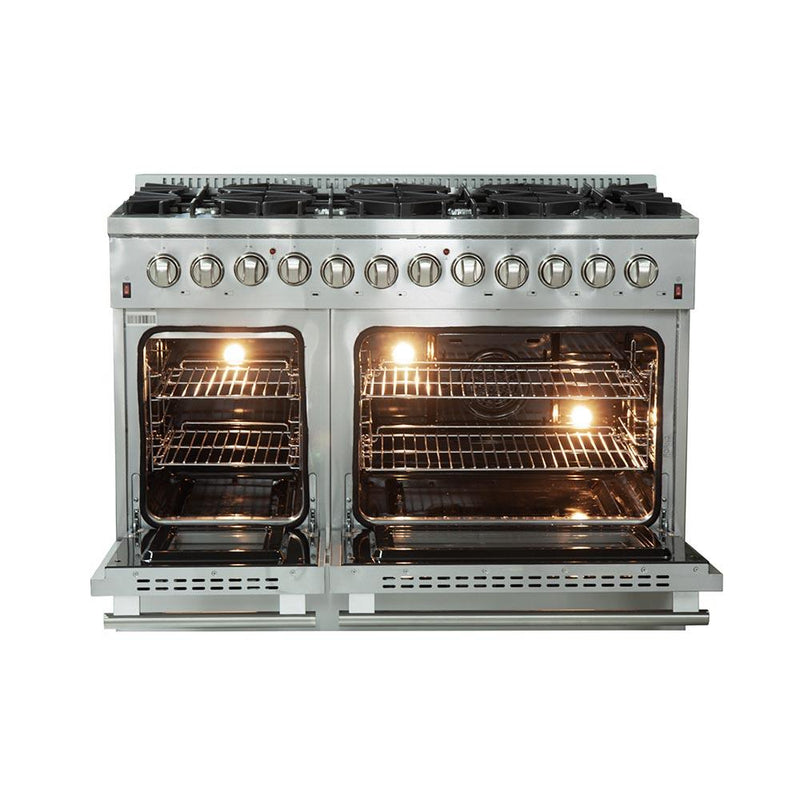 Forno 4-Piece Appliance Package - 48-Inch Dual Fuel Range, Refrigerator, Microwave Drawer, & 3-Rack Dishwasher in Stainless Steel