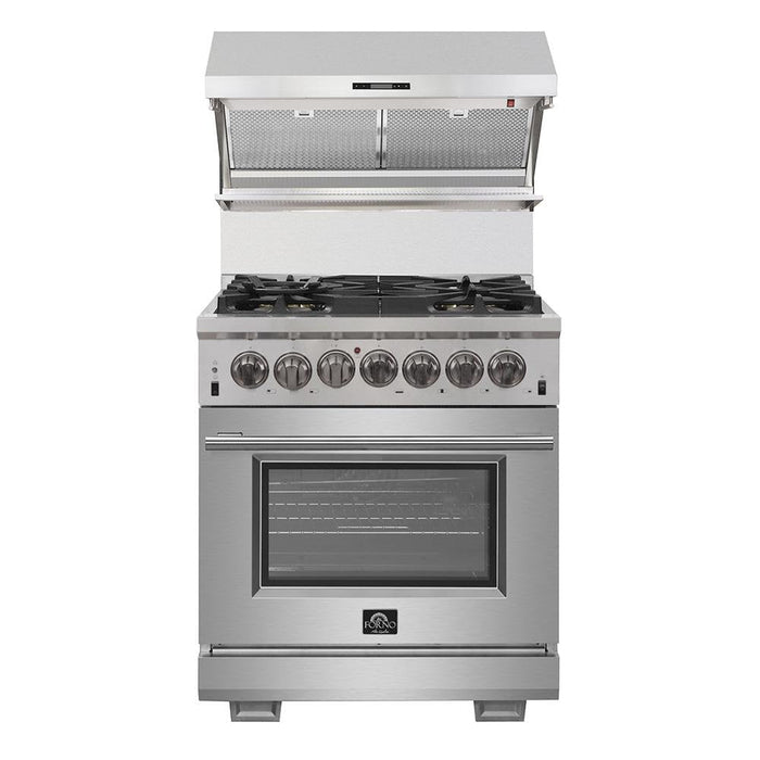 Forno 4-Piece Pro Appliance Package - 30-Inch Dual Fuel Range, Premium Hood, Pro-Style Refrigerator, and Dishwasher in Stainless Steel FORNO
