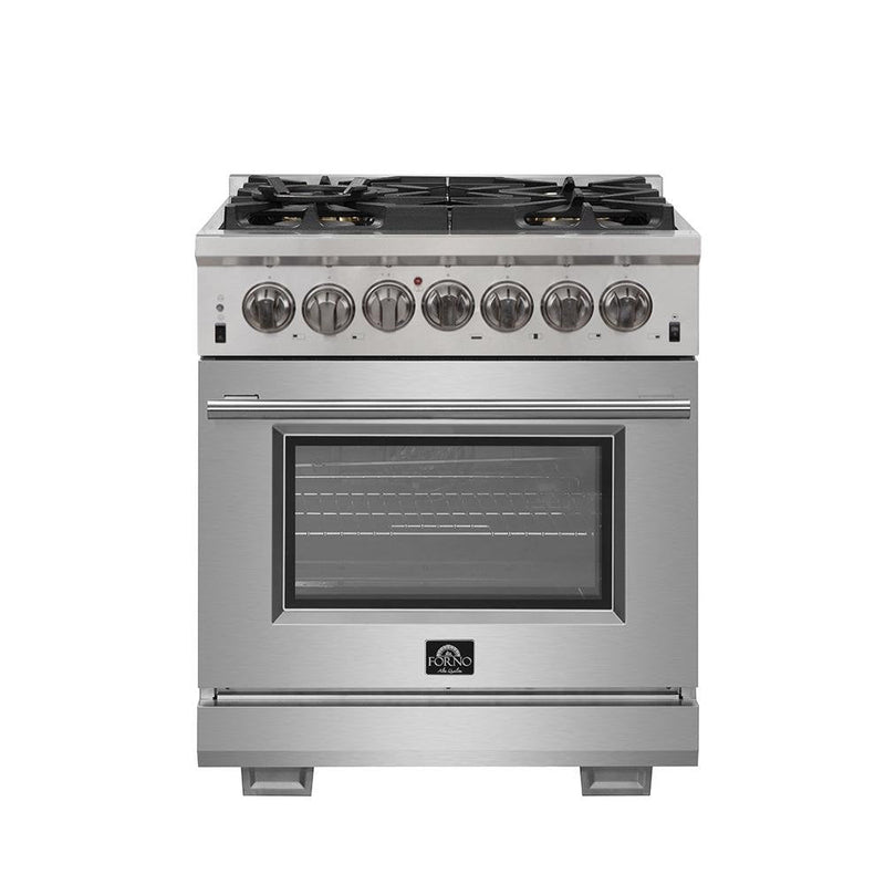 Forno 4-Piece Pro Appliance Package - 30-Inch Dual Fuel Range, Premium Hood, French Door Refrigerator, and Dishwasher in Stainless Steel