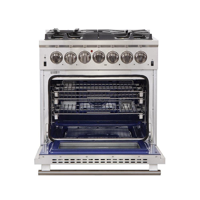 Forno 4-Piece Pro Appliance Package - 30-Inch Dual Fuel Range, Premium Hood, Pro-Style Refrigerator, and Dishwasher in Stainless Steel FORNO