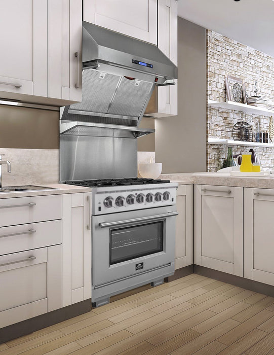 Forno 4-Piece Pro Appliance Package - 30-Inch Dual Fuel Range, Premium Hood, Pro-Style Refrigerator, and Dishwasher in Stainless Steel FORNO
