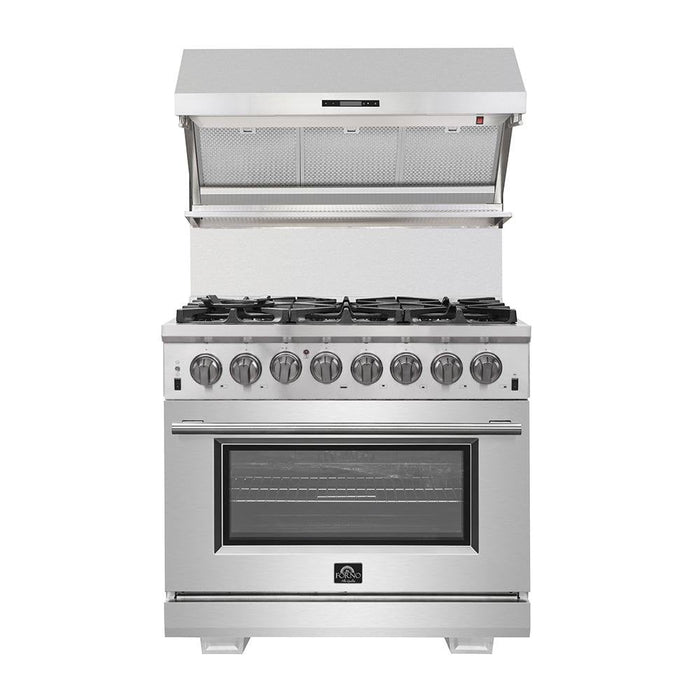 Forno 4-Piece Pro Appliance Package - 36-Inch Dual Fuel Range, French Door Refrigerator, Wall Mount Hood with Backsplash, and Dishwasher in Stainless Steel FORNO