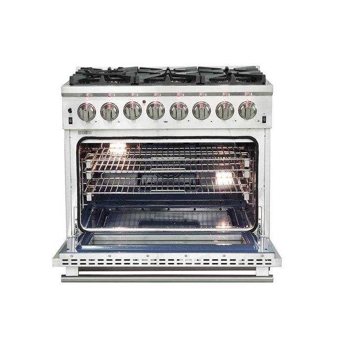 Forno 4-Piece Pro Appliance Package - 36-Inch Dual Fuel Range, French Door Refrigerator, Wall Mount Hood with Backsplash, and Dishwasher in Stainless Steel FORNO