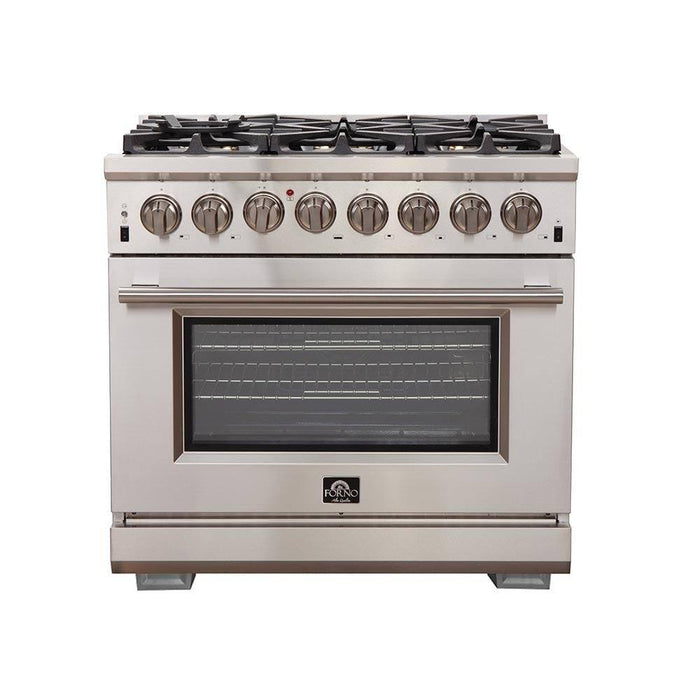 Forno 4-Piece Pro Appliance Package - 36-Inch Dual Fuel Range, French Door Refrigerator, Wall Mount Hood with Backsplash, and Dishwasher in Stainless Steel FORNO