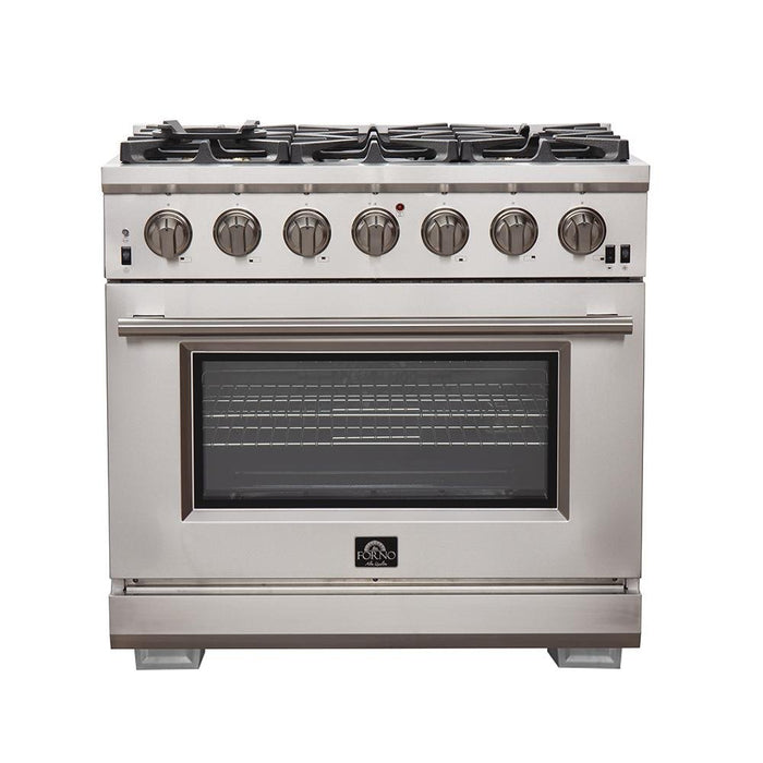 Forno 4-Piece Pro Appliance Package - 36-Inch Gas Range, Wall Mount Hood with Backsplash, 36-Inch French Door Refrigerator, and Dishwasher in Stainless Steel FORNO