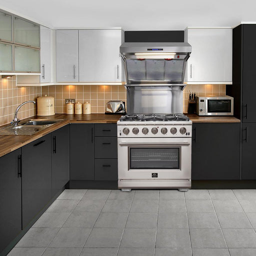 Forno 4-Piece Pro Appliance Package - 36-Inch Gas Range, Wall Mount Hood with Backsplash, 56-Inch Pro-Style Refrigerator, and Dishwasher in Stainless Steel FORNO
