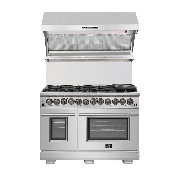 Forno 4-Piece Pro Appliance Package - 48-Inch Dual Fuel Range, 36-Inch French Door Refrigerator, Wall Mount Hood with Backsplash, & Dishwasher in Stainless Steel FORNO