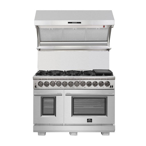 Forno 4-Piece Pro Appliance Package - 48-Inch Dual Fuel Range, 56-Inch Pro-Style Refrigerator, Wall Mount Hood with Backsplash, & Dishwasher in Stainless Steel FORNO
