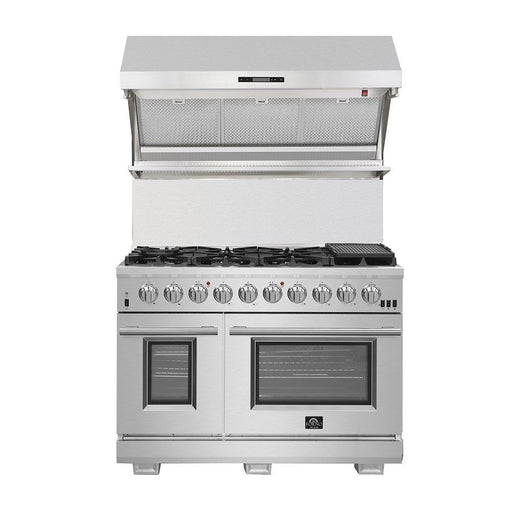 Forno 4-Piece Pro Appliance Package - 48-Inch Gas Range, Premium Hood, 56-Inch Pro-Style Refrigerator, and Dishwasher in Stainless Steel FORNO