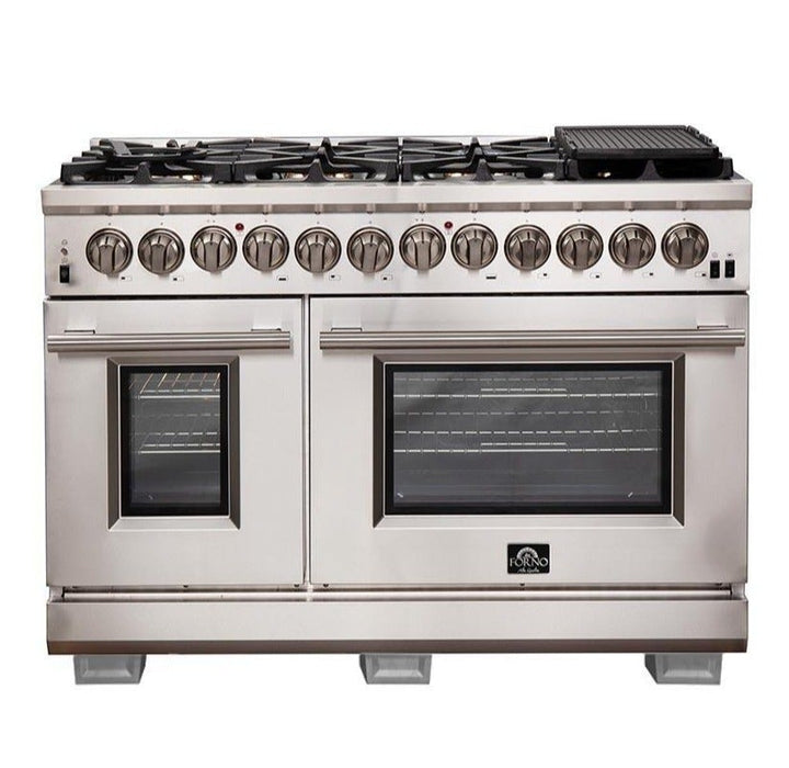 FORNO Capriasca 48" Platinum Freestanding Dual Fuel Range with 240v Electric Oven - 8 Burners, Griddle, and 160,000 BTUs - FFSGS6187-48 FORNO