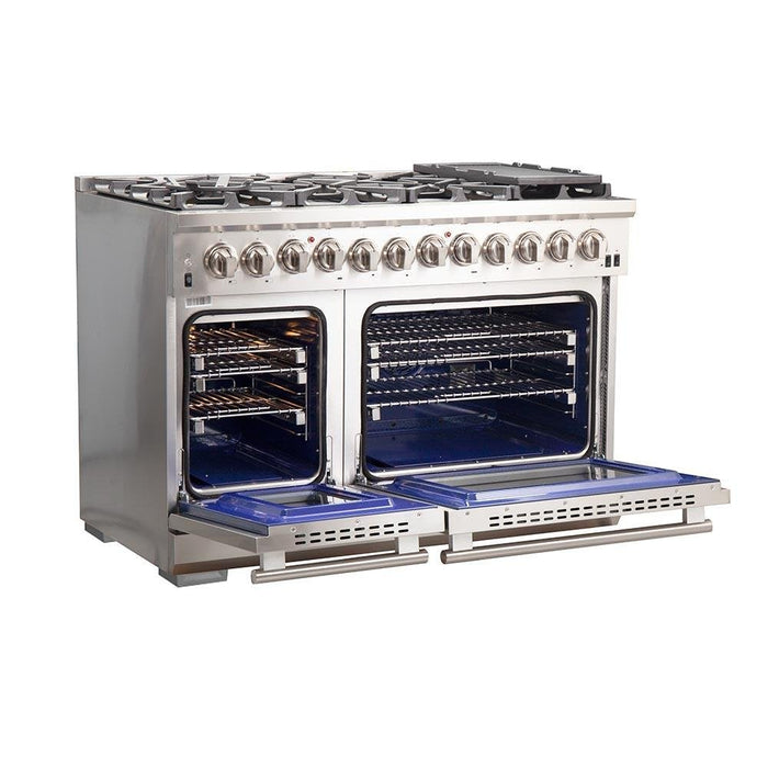 FORNO Capriasca 48" Platinum Freestanding Dual Fuel Range with 240v Electric Oven - 8 Burners, Griddle, and 160,000 BTUs - FFSGS6187-48 FORNO