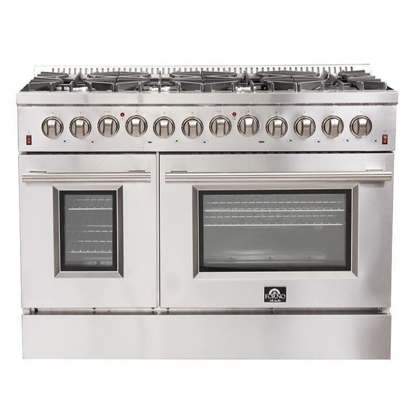 FORNO Maniago 48" Gold Freestanding Dual Fuel Range Gas Cooktop with 240v Electric Oven - 8 Burners, Griddle, and Double Oven -FFSGS6156-48