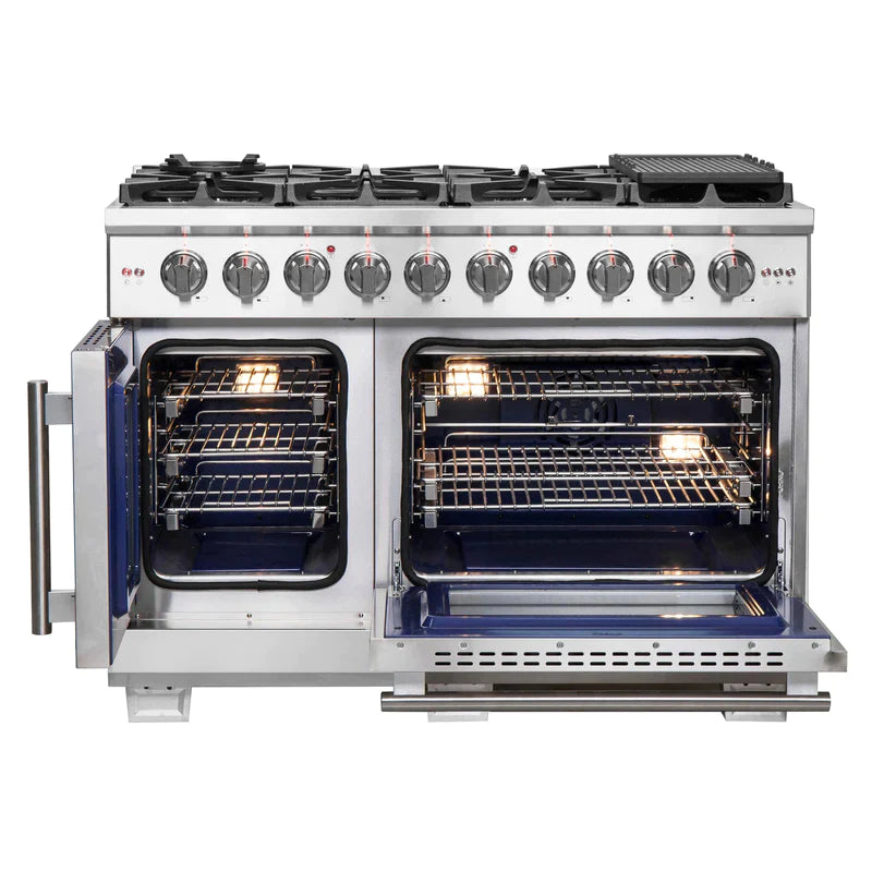 FORNO 48-Inch Capriasca Dual Fuel Range with 8 Gas Burners, 160,000 BTUs & French Door Electric Oven in Stainless Steel - FFSGS6387-48