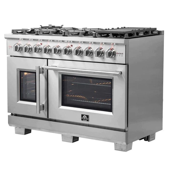 FORNO 48-Inch Capriasca Dual Fuel Range with 8 Gas Burners, 160,000 BTUs & French Door Electric Oven in Stainless Steel - FFSGS6387-48 FORNO