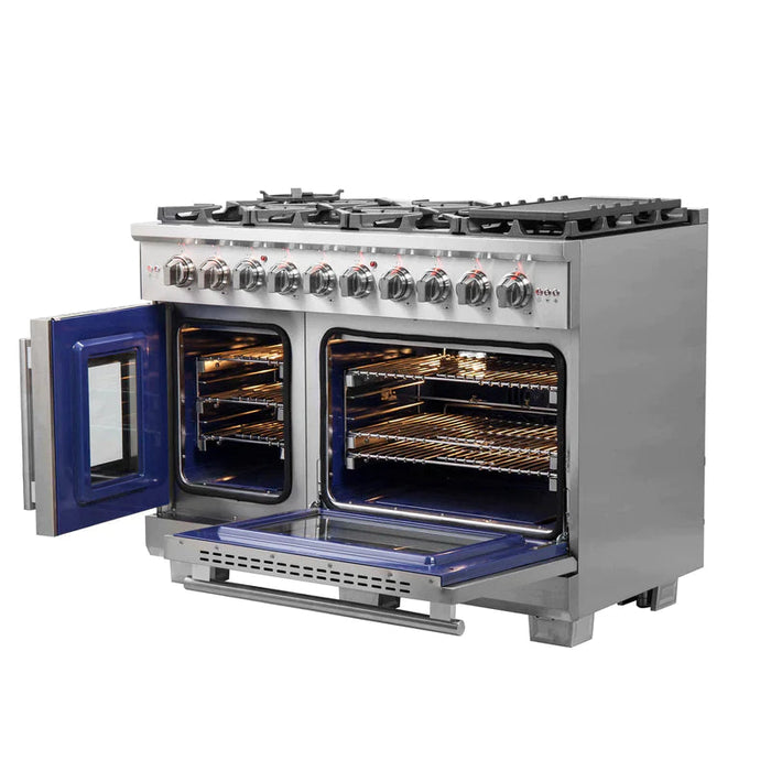FORNO 48-Inch Capriasca Dual Fuel Range with 8 Gas Burners, 160,000 BTUs & French Door Electric Oven in Stainless Steel - FFSGS6387-48 FORNO