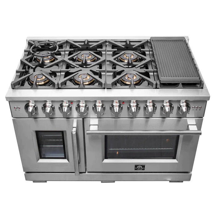 FORNO 48-Inch Capriasca Dual Fuel Range with 8 Gas Burners, 160,000 BTUs & French Door Electric Oven in Stainless Steel - FFSGS6387-48 FORNO