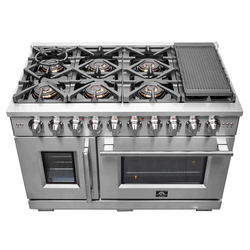 FORNO 48-Inch Capriasca Dual Fuel Range with 8 Gas Burners, 160,000 BTUs & French Door Electric Oven in Stainless Steel - FFSGS6387-48