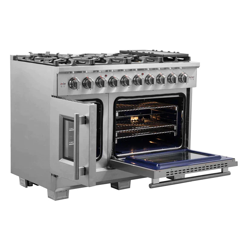 FORNO 48-Inch Capriasca Gas Range with 8 Burners, 160,000 BTUs, & French Door Gas Oven in Stainless Steel - FFSGS6460-48