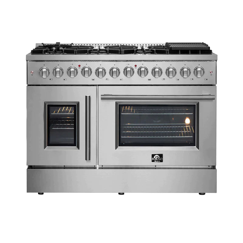 FORNO 48-Inch Galiano Dual Fuel Range with 8 Gas Burners, 107,000 BTUs, & French Door Electric Oven in Stainless Steel - FFSGS6356-48