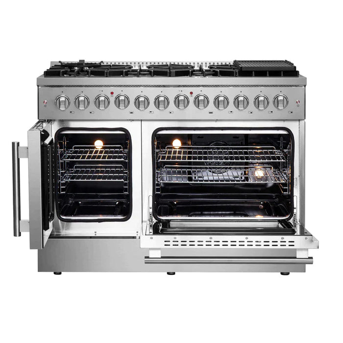 FORNO 48-Inch Galiano Dual Fuel Range with 8 Gas Burners, 107,000 BTUs, & French Door Electric Oven in Stainless Steel - FFSGS6356-48 FORNO