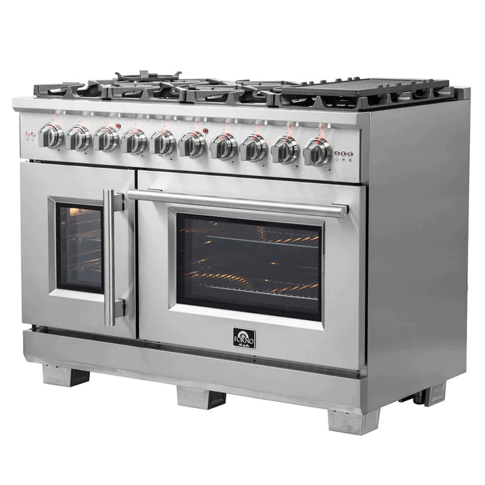 FORNO 48-Inch Galiano Dual Fuel Range with 8 Gas Burners, 107,000 BTUs, & French Door Electric Oven in Stainless Steel - FFSGS6356-48 FORNO
