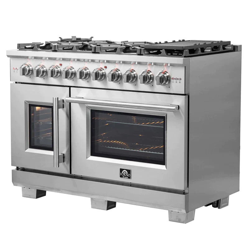 FORNO 48-Inch Galiano Dual Fuel Range with 8 Gas Burners, 107,000 BTUs, & French Door Electric Oven in Stainless Steel - FFSGS6356-48