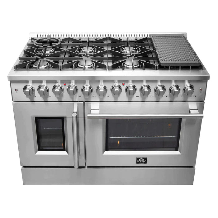 FORNO 48-Inch Galiano Dual Fuel Range with 8 Gas Burners, 107,000 BTUs, & French Door Electric Oven in Stainless Steel - FFSGS6356-48 FORNO