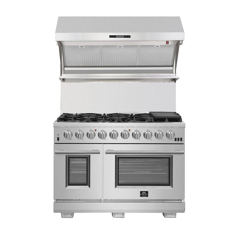 Forno 3-Piece Pro Appliance Package - 48-Inch Gas Range, Refrigerator with Water Dispenser,& Wall Mount Hood with Backsplash in Stainless Steel