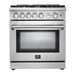Forno 5-Piece Appliance Package - 30-Inch Gas Range, Refrigerator, Wall Mount Hood with Backsplash, Microwave Drawer, & 3-Rack Dishwasher in Stainless Steel FORNO