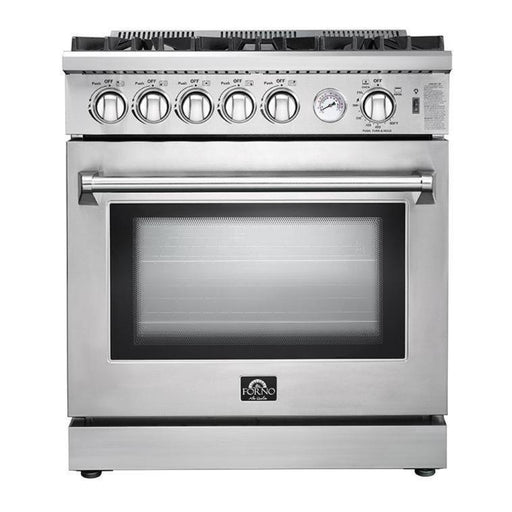 Forno 5-Piece Appliance Package - 30-Inch Gas Range, Refrigerator with Water Dispenser, Wall Mount Hood, Microwave Drawer, & 3-Rack Dishwasher in Stainless Steel FORNO