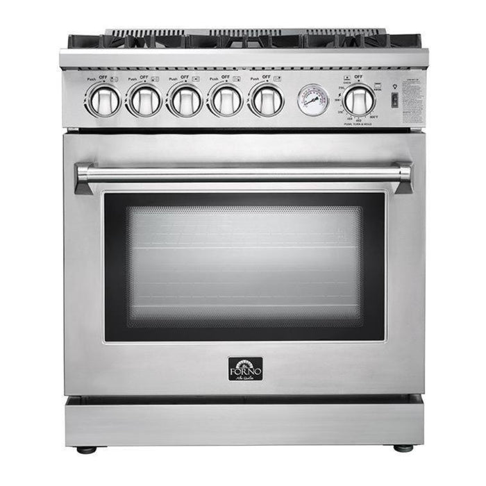 Forno 5-Piece Appliance Package - 30-Inch Gas Range, Refrigerator with Water Dispenser, Wall Mount Hood, Microwave Drawer, & 3-Rack Dishwasher in Stainless Steel FORNO