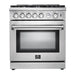 Forno 5-Piece Appliance Package - 30-Inch Gas Range, Refrigerator with Water Dispenser, Wall Mount Hood, Microwave Drawer, & 3-Rack Dishwasher in Stainless Steel FORNO