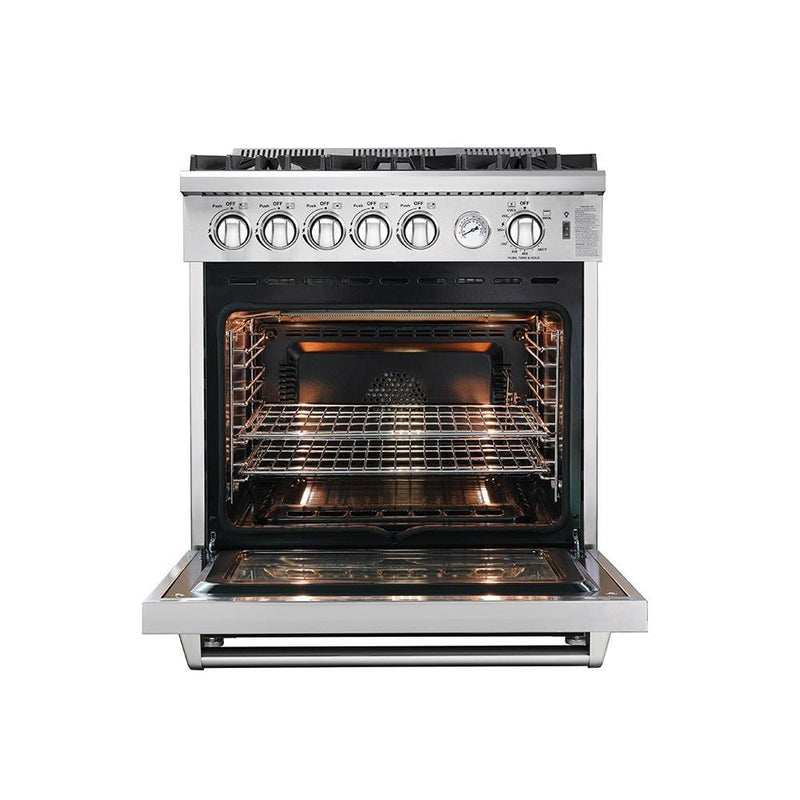 Forno 5-Piece Appliance Package - 30-Inch Gas Range, Refrigerator with Water Dispenser, Wall Mount Hood, Microwave Oven, & 3-Rack Dishwasher in Stainless Steel
