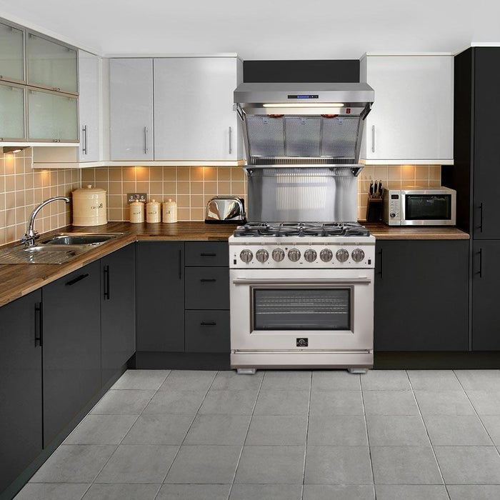 Forno 5-Piece Appliance Package - 36-Inch Dual Fuel Range, Refrigerator, Wall Mount Hood with Backsplash, Microwave Drawer, & 3-Rack Dishwasher in Stainless Steel FORNO