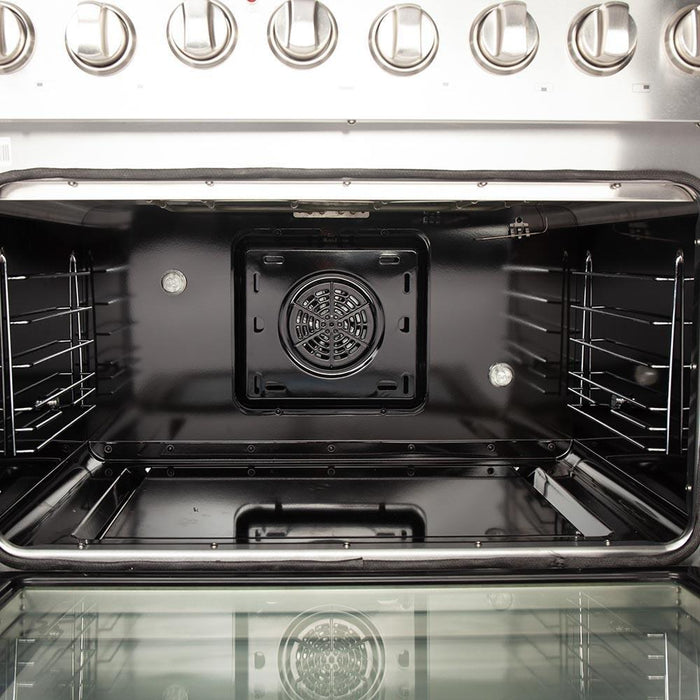 Forno 5-Piece Appliance Package - 36-Inch Dual Fuel Range, Refrigerator, Wall Mount Hood, Microwave Drawer, & 3-Rack Dishwasher in Stainless Steel FORNO