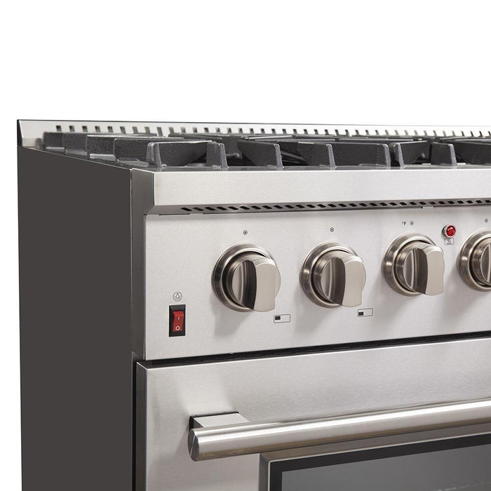 Forno 5-Piece Appliance Package - 36-Inch Dual Fuel Range, Refrigerator, Wall Mount Hood, Microwave Drawer, & 3-Rack Dishwasher in Stainless Steel FORNO