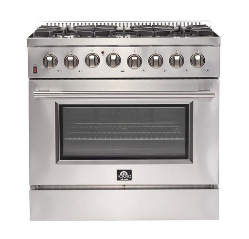 Forno 5-Piece Appliance Package - 36-Inch Dual Fuel Range, Refrigerator with Water Dispenser, Wall Mount Hood, Microwave Drawer, & 3-Rack Dishwasher in Stainless Steel FORNO