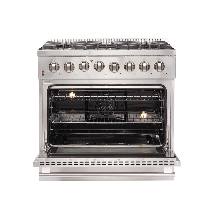 Forno 3-Piece Appliance Package - 36-Inch Dual Fuel Range, 36-Inch Refrigerator & Wall Mount Hood in Stainless Steel FORNO
