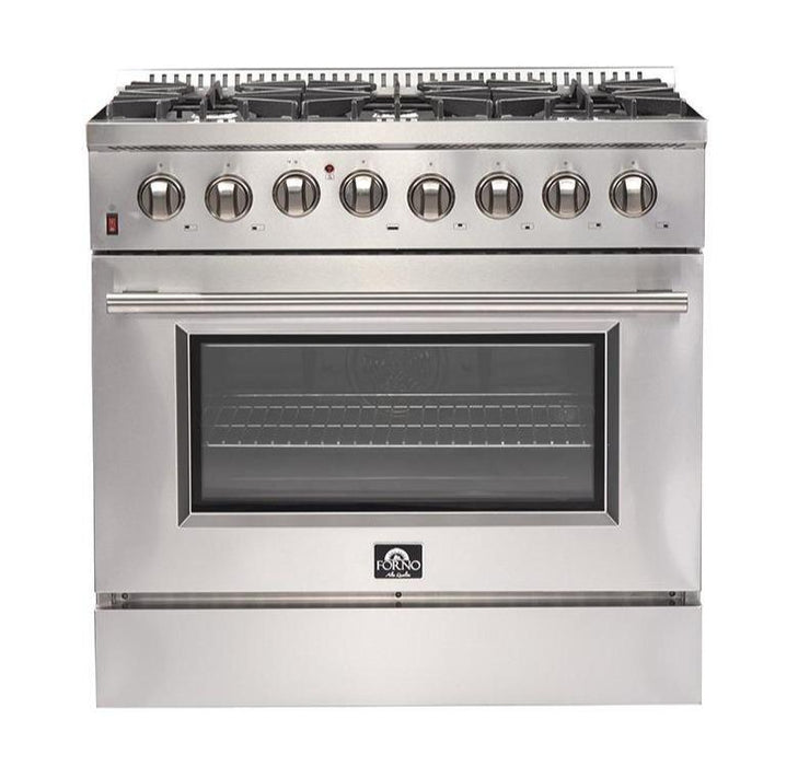Forno 2-Piece Appliance Package - 36-Inch Dual Fuel Range & Wall Mount Hood in Stainless Steel FORNO