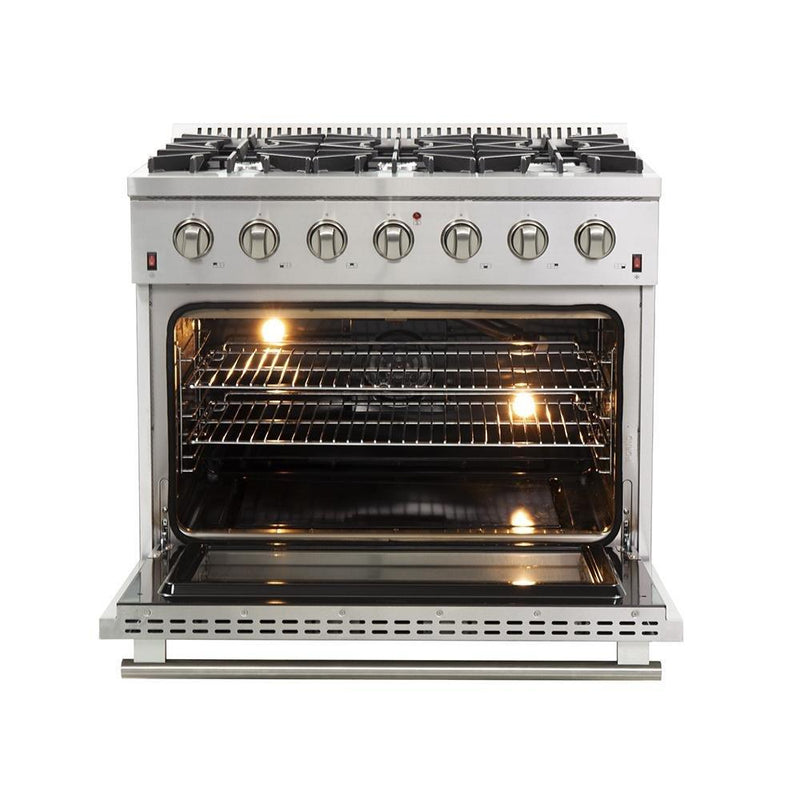 Forno 4-Piece Appliance Package - 36-Inch Gas Range, Refrigerator with Water Dispenser, Wall Mount Hood, & 3-Rack Dishwasher in Stainless Steel