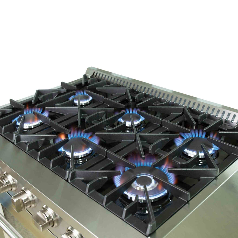 Forno 4-Piece Appliance Package - 36-Inch Gas Range, Refrigerator with Water Dispenser, Wall Mount Hood, & 3-Rack Dishwasher in Stainless Steel
