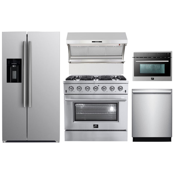 Forno 5-Piece Appliance Package - 36-Inch Gas Range, Refrigerator with Water Dispenser, Wall Mount Hood with Backsplash, Microwave Oven, & 3-Rack Dishwasher in Stainless Steel FORNO