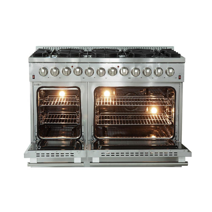 Forno 2-Piece Appliance Package - 48-Inch Dual Fuel Range & Wall Mount Hood in Stainless Steel FORNO