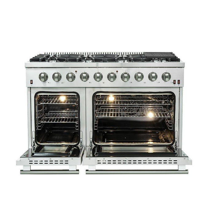 Forno 3-Piece Appliance Package - 48-Inch Gas Range, Refrigerator with Water Dispenser, & Wall Mount Hood in Stainless Steel FORNO