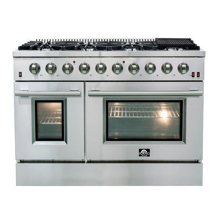 Forno 3-Piece Appliance Package - 48-Inch Gas Range, Refrigerator with Water Dispenser, & Wall Mount Hood in Stainless Steel FORNO