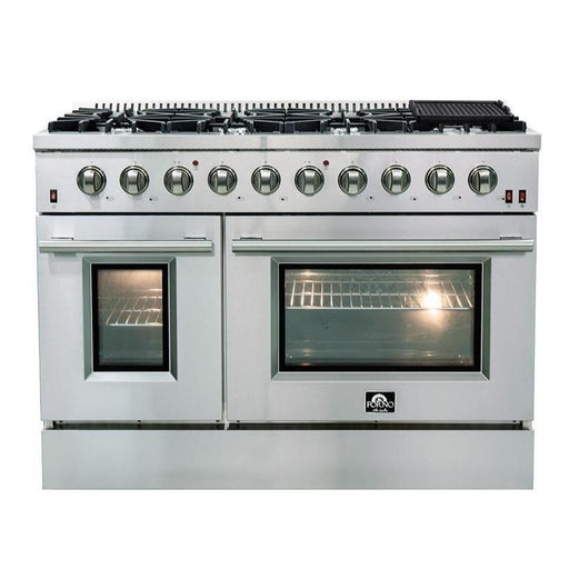 Forno 3-Piece Appliance Package- 48-Inch Gas Range, Refrigerator, & Wall Mount Hood with Backsplash in Stainless Steel FORNO